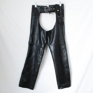 MOTO BIKERS VTG 90s Ladies Black Leather Chaps Assless Riding Pants COWBOY- 3 XS